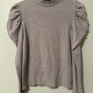 Zara Pearl-Embellished Puff Sleeve Sweater - Light Taupe